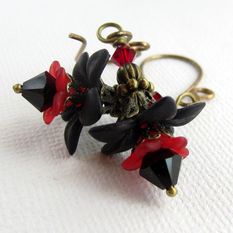 Black and Red Lucite Flower Earrings, Antique Brass Vintage Inspired, Lucite Flower Jewelry