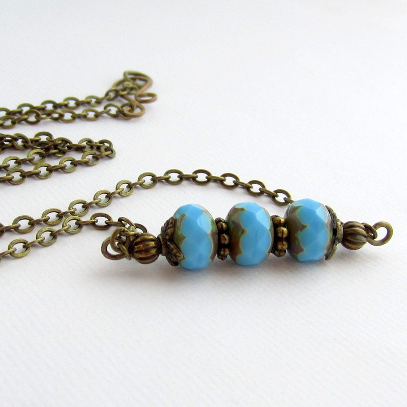 Turquoise Blue Czech Glass Necklace. Wire Wrapped Necklace. Handmade Clasp. Turquoise Blue Necklace.