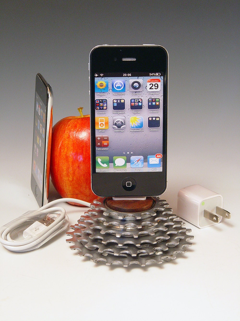 iPhone dock. iPod dock. Recycled bicycle gear and walnut. 218. Wall charge adapter. A unique gift for a cyclist, gear head, or steampunk.