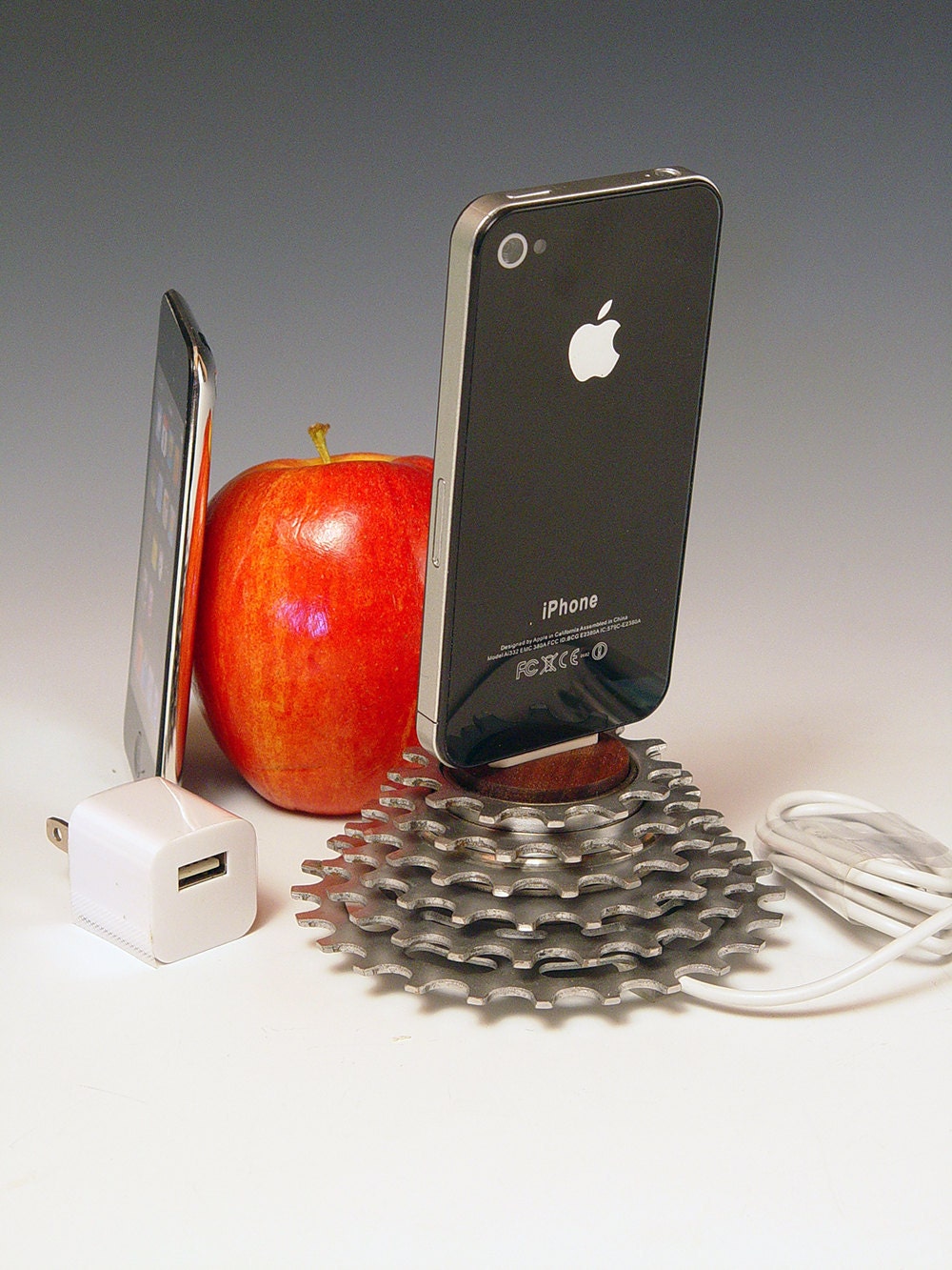 iPhone dock. iPod dock. Recycled bicycle gear and walnut. 218. Wall charge adapter. A unique gift for a cyclist, gear head, or steampunk.
