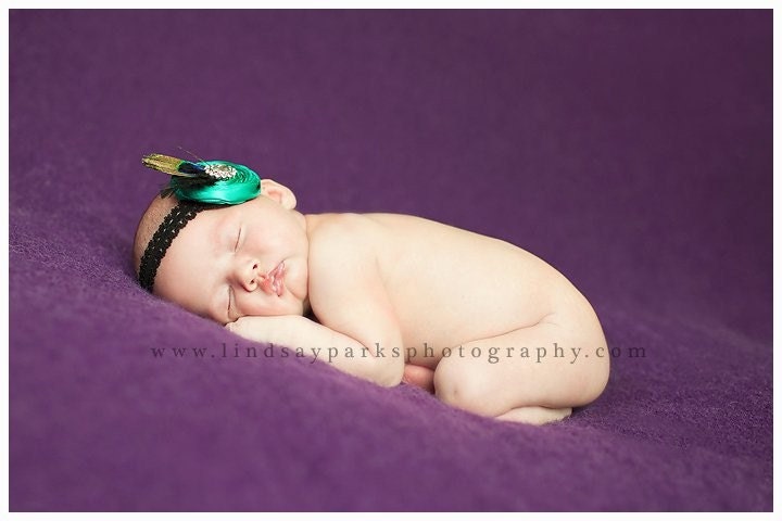 Just Gorgeous Teal Satin Rolled Rosette on Lace Black Headband with Peacock Feathers and Rhinestone Center