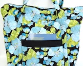 Large Quilted Overnight Bag - Travel Bag Weekender Bag Beach Bag Blue and Yellow Flowers