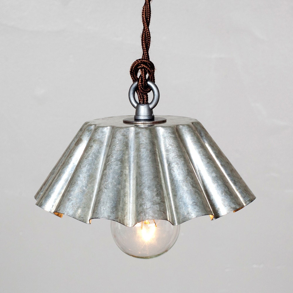 Rustic Modern Vintage Industrial Brioche Tin Pendant Light - Etched Tin Patina (SM) // Vintage Style Cloth Twisted Cord & Bakelite Plug
