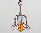 ON SALE - Tulip Wire Bulb Cage Pendant Light Trouble Lamp Vintage Industrial Rustic Modern // Cloth Covered Twisted Cord & Bakelite Plug