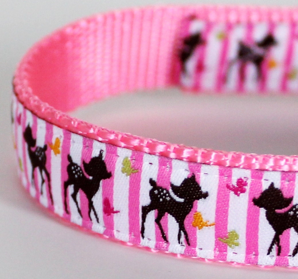 Forest Deer Dog Collar on Pink Stripes