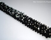Black Bracelet with Swarovski Clear AB Crystals, Pearls and White Seed Beads