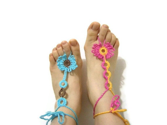 2 Pair  Fuchsia Yellow  Turquoise  Brown Barefoot Sandals, Crochet Foot Jewelry, Victorian, Lace, Sexy, Yoga, Beach Pool,Mother's Day