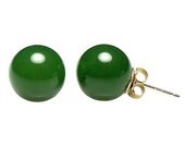 10mm Green Nephrite Jade Ball Stud Post Earrings 14K White or Yellow Gold