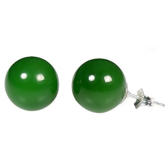 12mm Green Nephrite Jade Ball Stud Post Earrings 925 Sterling Silver Stunning