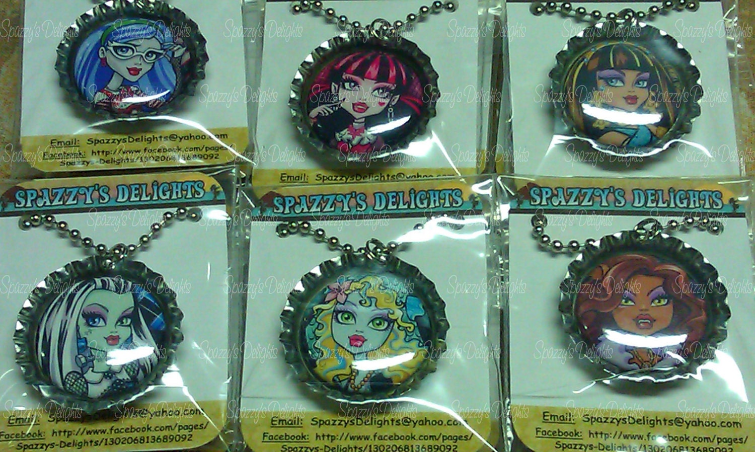 Monster High Inspired Flat Back Button Bottle Cap Necklaces. Set of 6.  Includes Ball Chain Necklaces