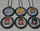 Little Kawaii Mermaid Princesses and Friends Party Favors Set of 6 Bottle Cap Necklaces / Zipper Pulls / Keychains