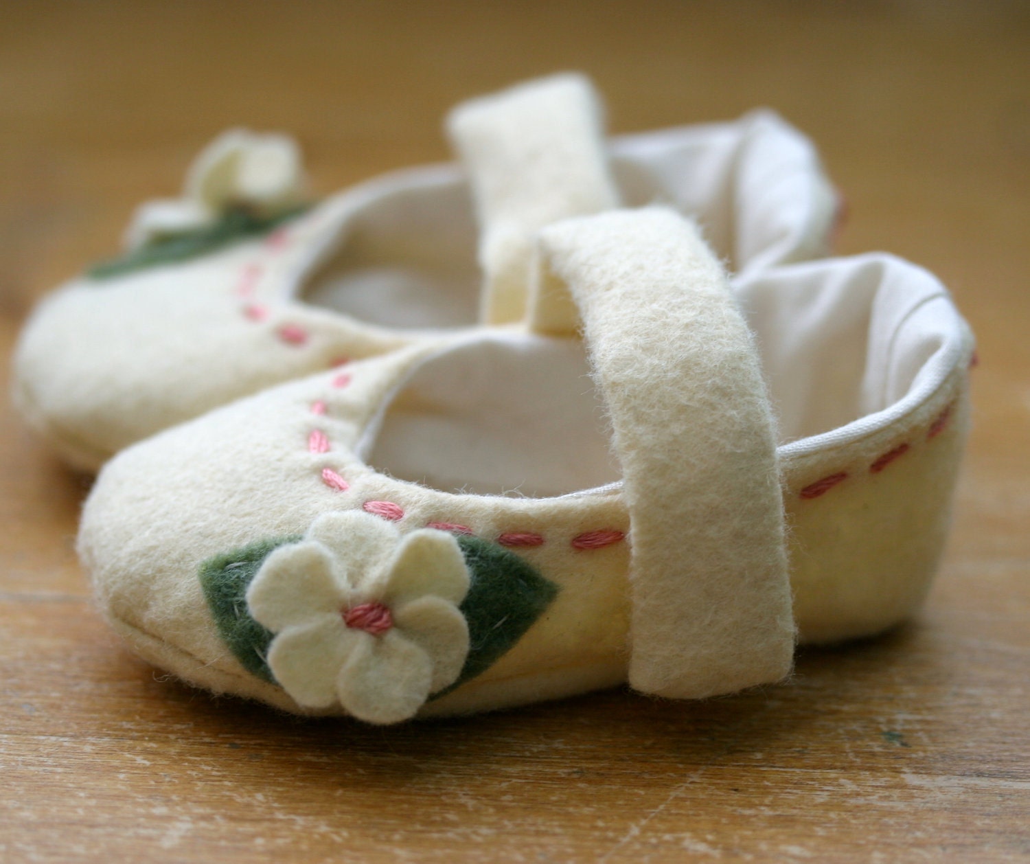 Baby Girl Shoes - Ivory and Pink Wool Mary Jane - Christening - Flower Girl