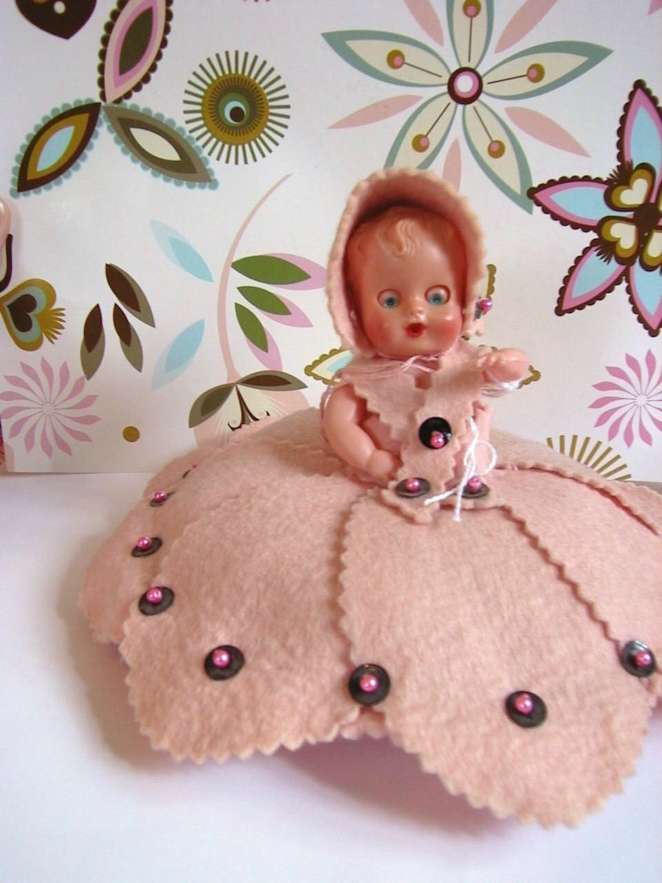 Pretty Little Princess..Adorable Vintage Doll in Pink Felt Pin Cushion