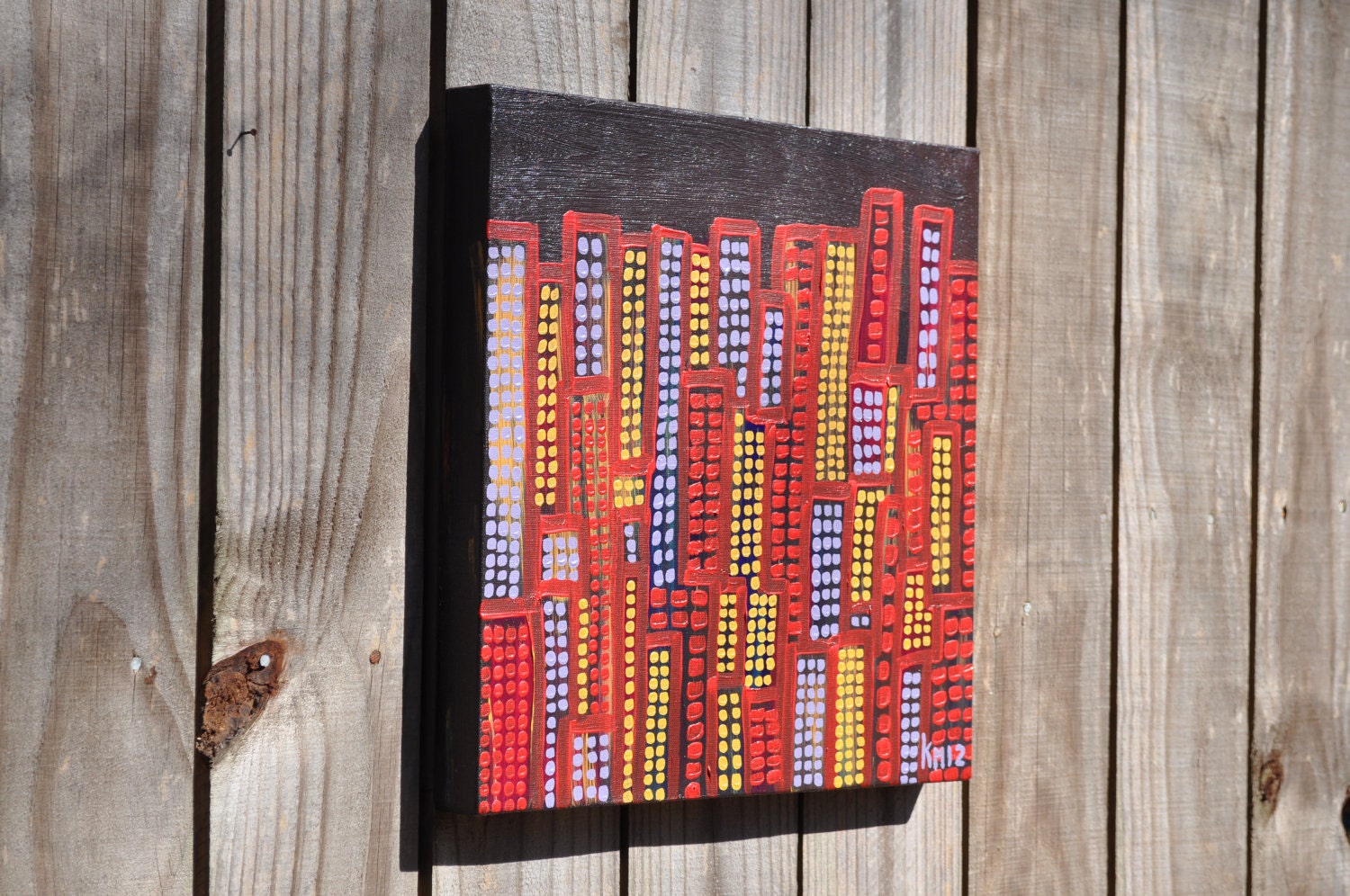 Fun City original abstract painting contemporary dark brown red yellow lavender cityscape folk pop art urban rustic