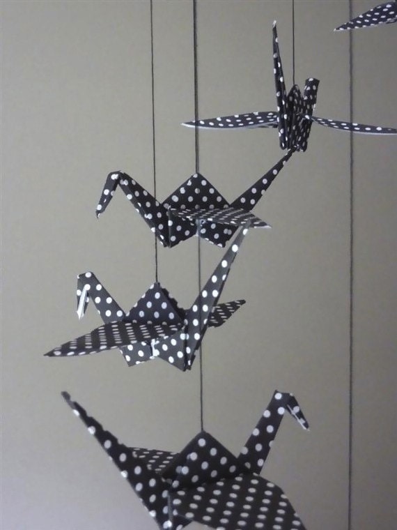 Origami Crane Mobile - Children Decor - Baby Mobile - Nursery Home Unique Black White Polka Dot Birds Classic - Eco Friendly