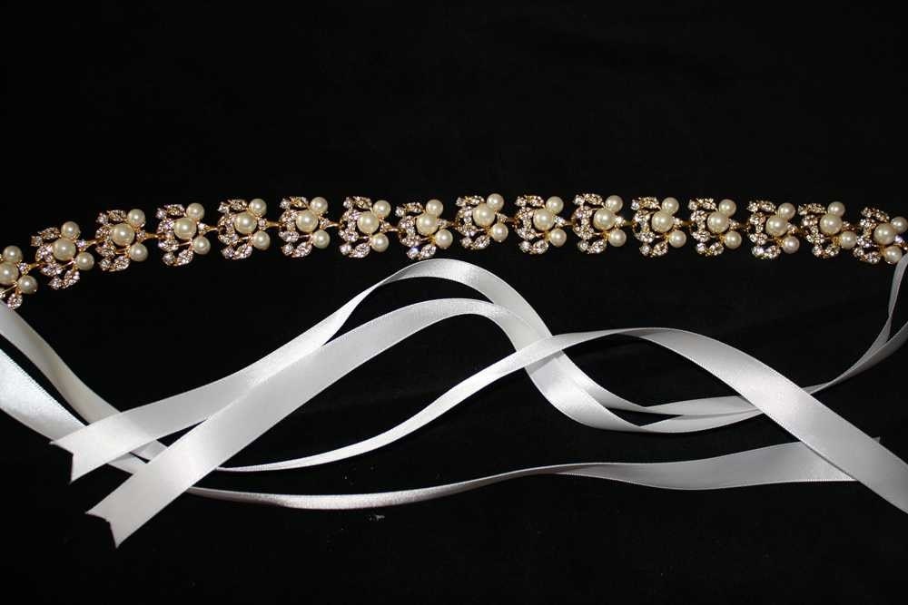 Jacqueline - Stunning Golden Rhinestone and Pearl Ribbon Headband