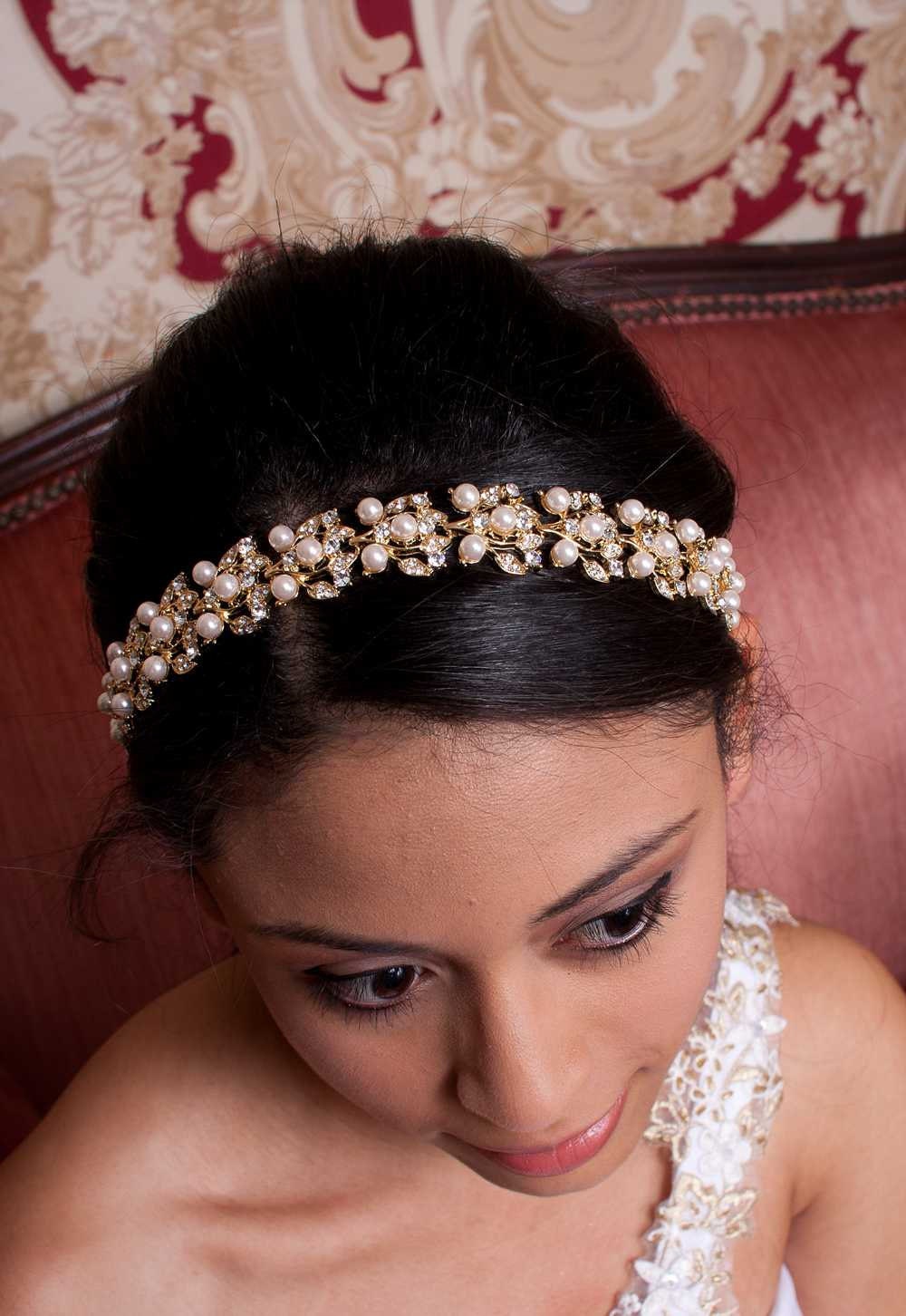 Jacqueline - Stunning Golden Rhinestone and Pearl Ribbon Headband