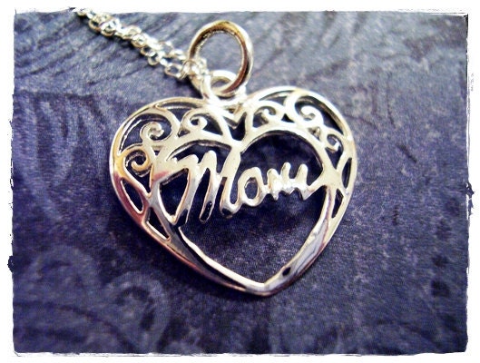 Tiny Filigree Mom Heart Charm Necklace in Sterling Silver with a Delicate 18 inch Sterling Silver Cable Chain