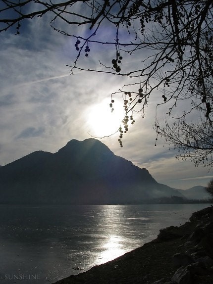 Digital download Mountain photo landscape photograph Lake tree branches dark grey charcoal black foogy photo