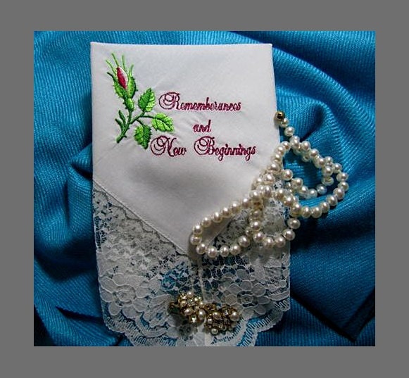 To Remember and Begin Anew .  . Memorial Bride's Gift hankerchief for a loved one on her Wedding Day, with gift envelop, lace hankerchief