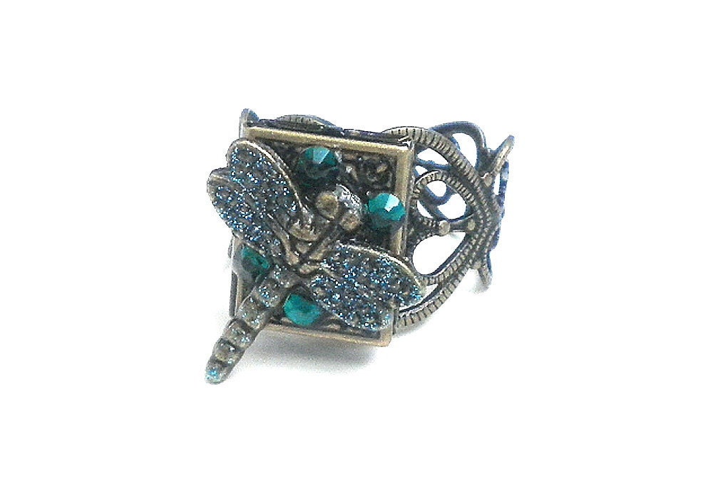 Blue Dragonfly Locket Ring