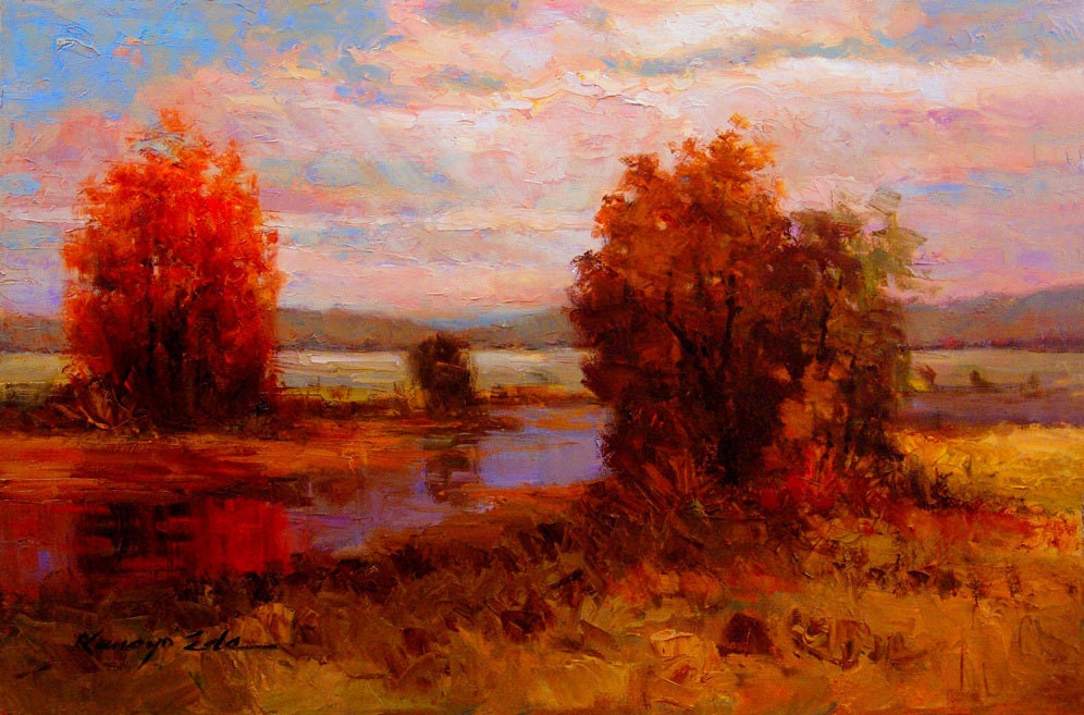 LARGE 24x36 Original oil on canvas landscape painting. Serene view.
