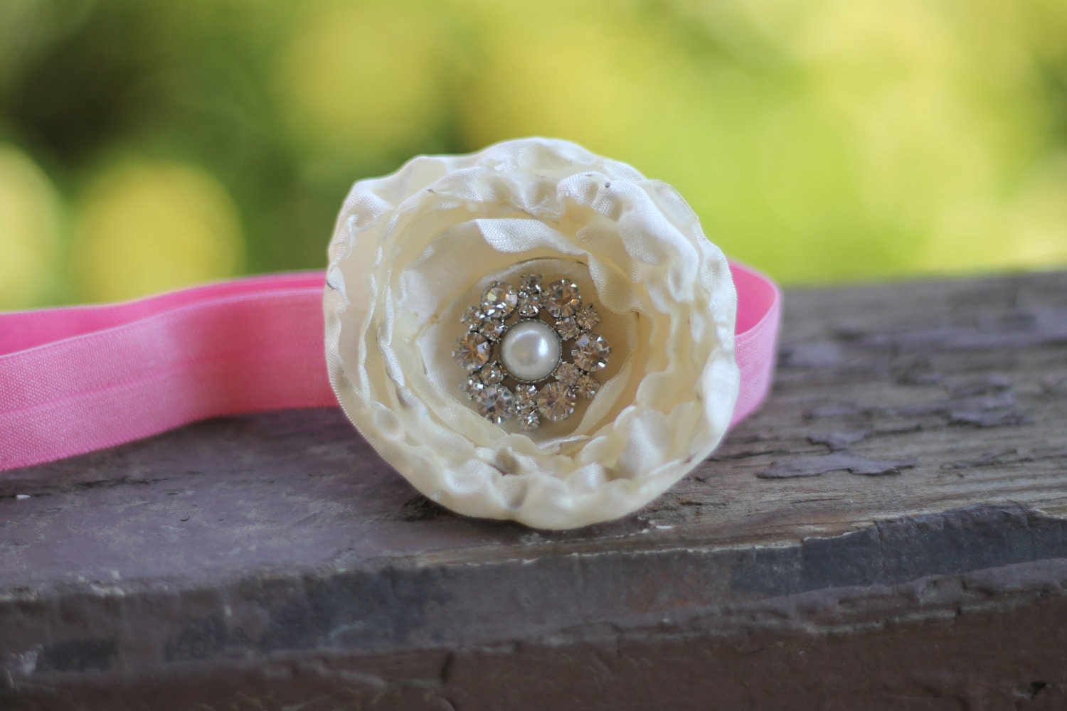 Antique White Flower with a Pearl Rhinestone Baby Headband