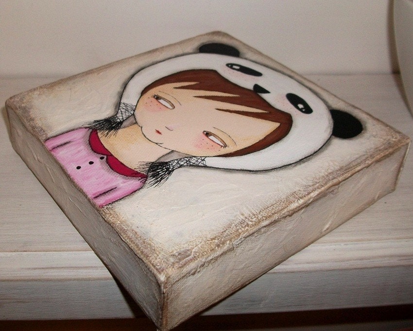 Mixed media original painting - Happy in my panda hat
