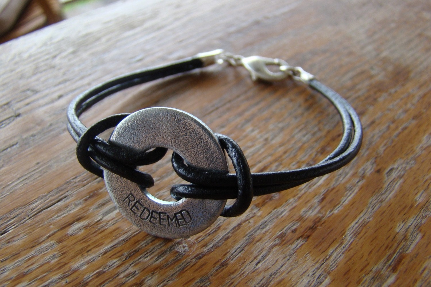 Personalized Mens Leather and Washer Bracelet Unisex Womens