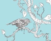 8.5 x 11 PRINT signed Love Hearts blue Bird of Whimsy v2 illustrated vines black white