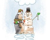 4x6 Neville the Penguin Building a Snowman illustration signed print