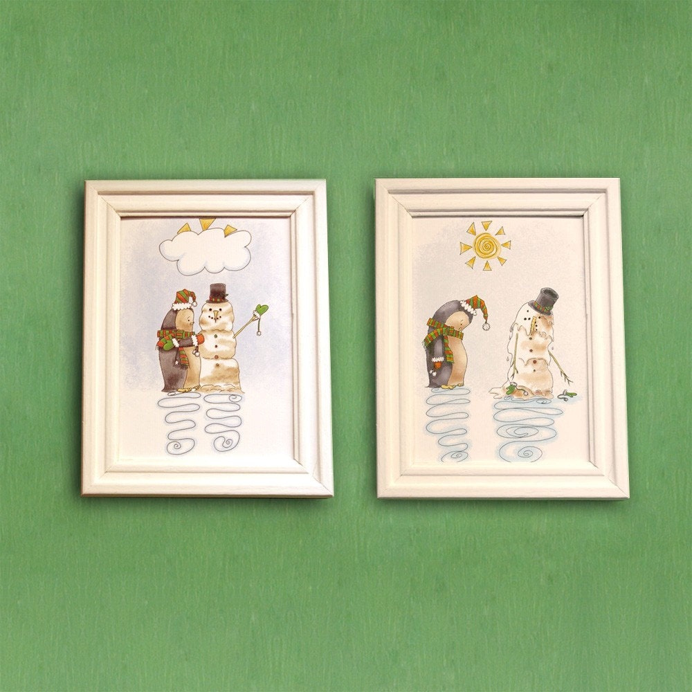 SET of 5x7 Neville the Penguin Builds & Melts a Snowman illustration signed prints