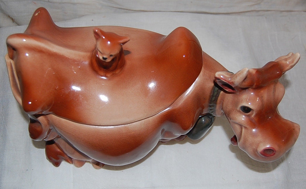 Brush Pottery Cow & Winking Cat Cookie Jar W10-Brush USA -McCoy