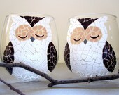 2 Mosaic Owls- Painted Wine Glasses - SwirlyGarden