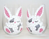 Wine Glasses with Bunnies in Mosaic- Set of 2