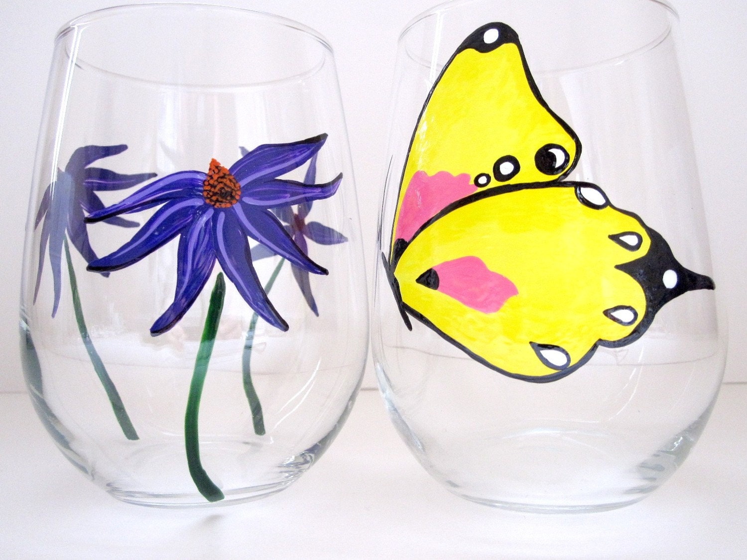 Butterfly with Flowers Painted Wine Glasses- Set of 2
