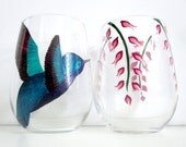 Teal Hummingbird with Flowers- Wine Glass Pair