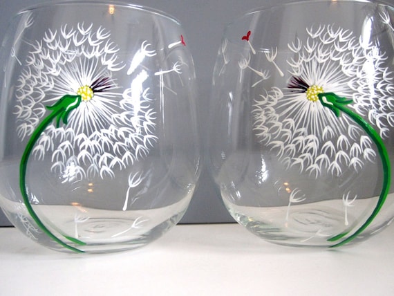 Wine Glasses- Dandelions and Hearts- Set of 2