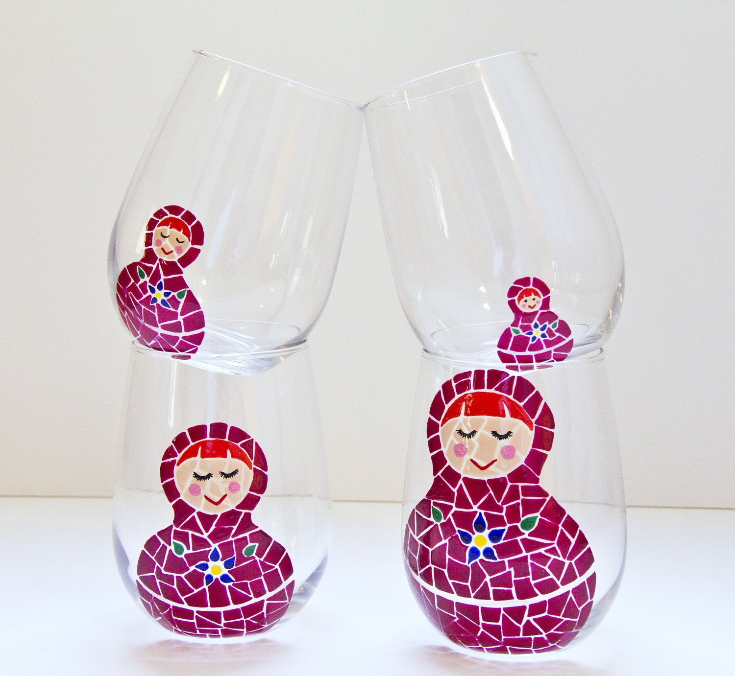 Nesting Dolls Painted Wine Glasses- Set of 4