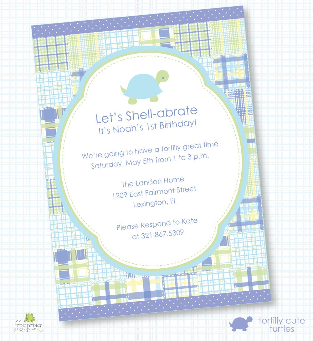 Preppy Turtle Madras Plaid Printable Birthday Invitation