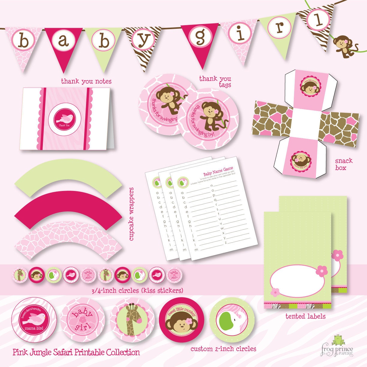 Pink Jungle Safari Baby Shower Custom Printable Party Pack - DIY