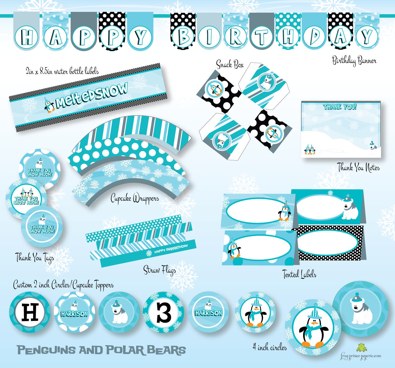 Polar Bear and Penguins Custom Printable Birthday Invitation