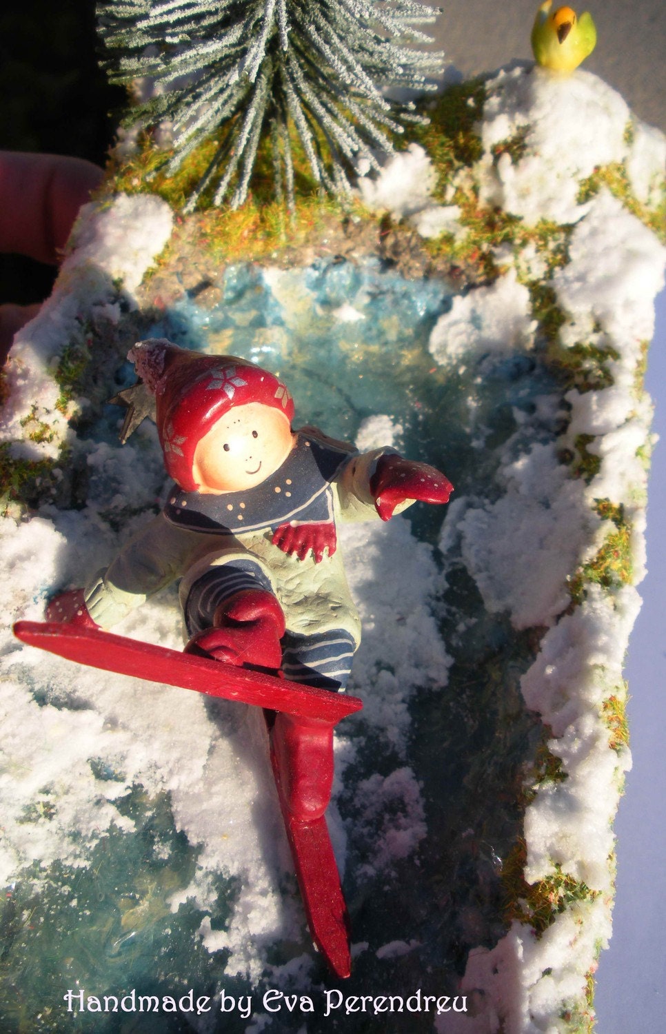 RESERVED Listing for llseTX. Christmas Snowed mini forest with a frosted lake and child skiing, scene handmade
