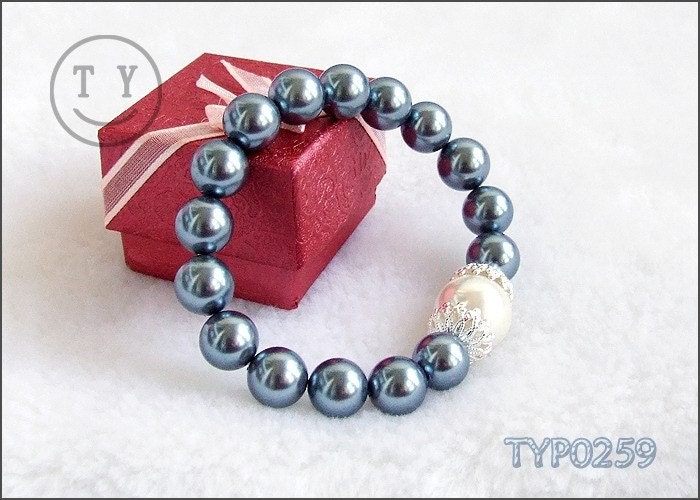 Swarovski Pearl Bracelet 10mm Dark Silver Grey and 14mm White Shell Pearl elastic Bangle