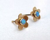 Blue Opal Solid gold earrings studs -Flower Gold 14k gold post earrings