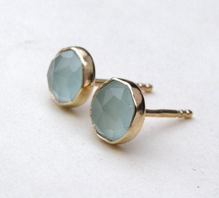 FOR SALE Blue Aquamarine Stones Studs in Recycled 14k yellow Gold Earrings