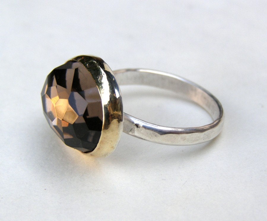 Brown Smoky quartz Gold ring -Recycled Silver and 14k Yellow Gold