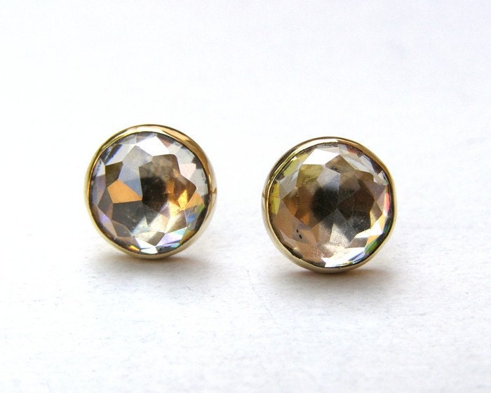 Gold Stud earrings Similar diamond - White topaz earrings 14k Gold Stud Gold earring gold post earrings 8mm