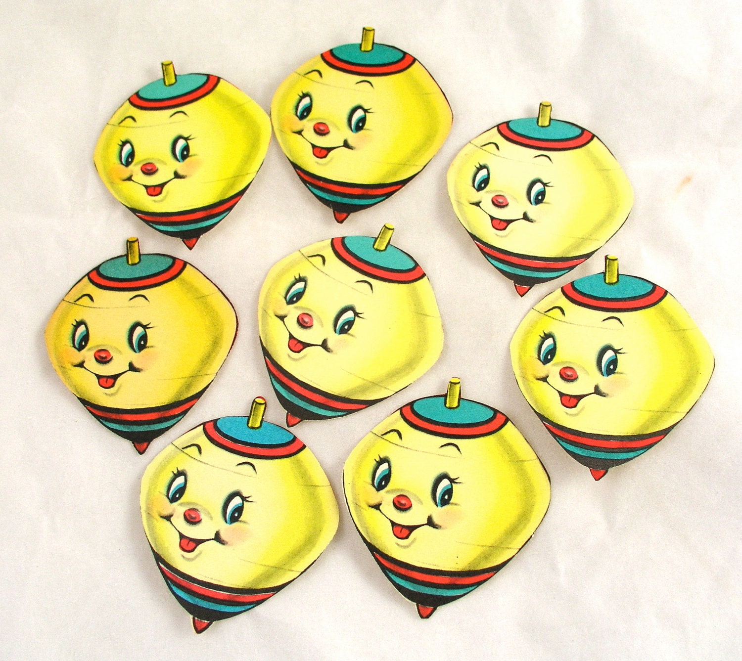 8 Vintage Anthropomorphic Spinning Tops Die Cuts Teacher School Scrapbooking - Free USA Shipping