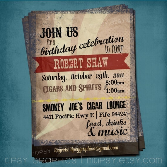 Smokey Joe's. Cigar Box Masculine Birthday Invite. Any text or colors by Tipsy Graphics Il_570xn